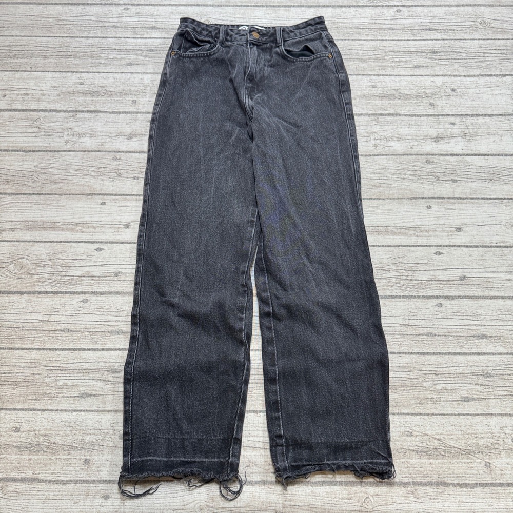 Zara Jeans Women's 4 Black Faded Denim High Rise Wide Leg Relaxed Fit Distressed